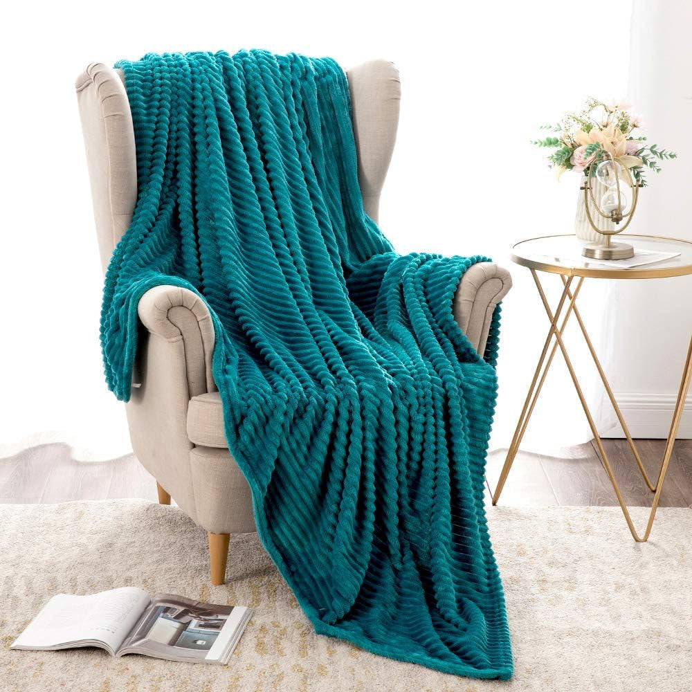 Fleece Throw Blanket for Couch 300GSM Super Soft Lightweight Plush Striped Blanket, Teal Blue Warm Cozy Breathable Ribbed Blanket for Bed/Sofa, Throw Size 50"X60", Turquoise
