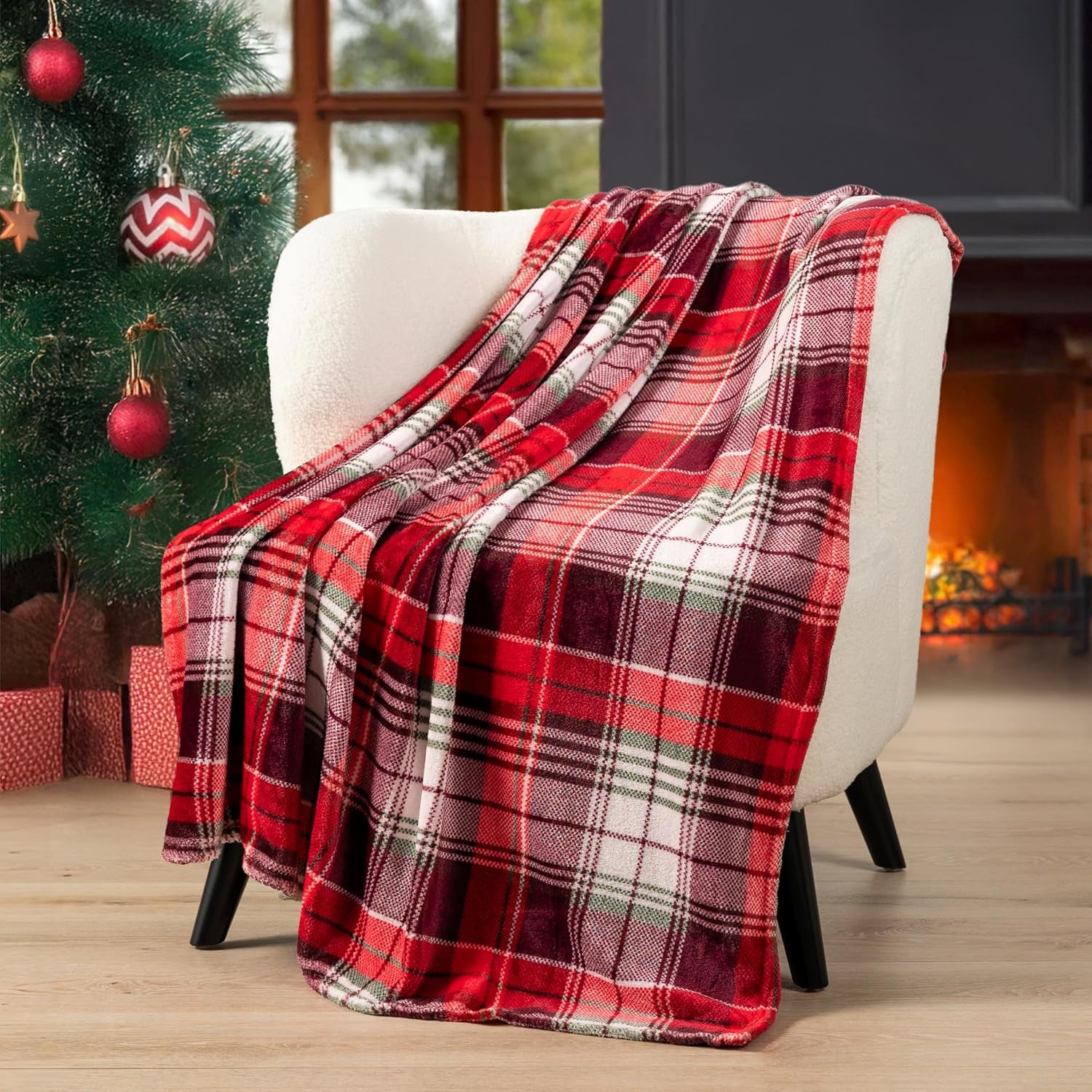 Throw Blanket | Holiday Christmas Red Fleece Blanket | Soft, Plush, Warm Winter Cabin Throw, 50X60 (Red Green Plaid)