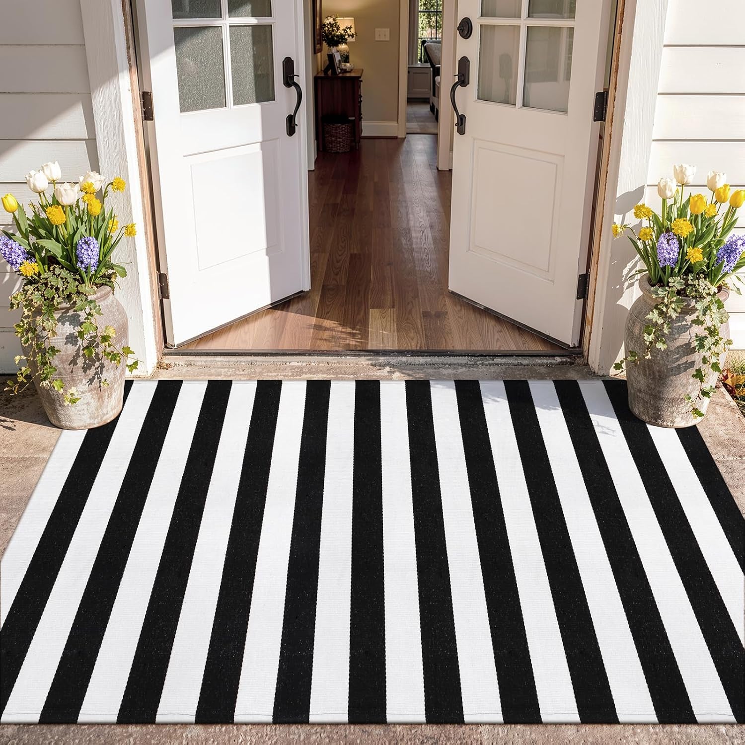 KIMODE Black and White Buffalo Plaid Outdoor Rug Fall Patio Floor Carpet