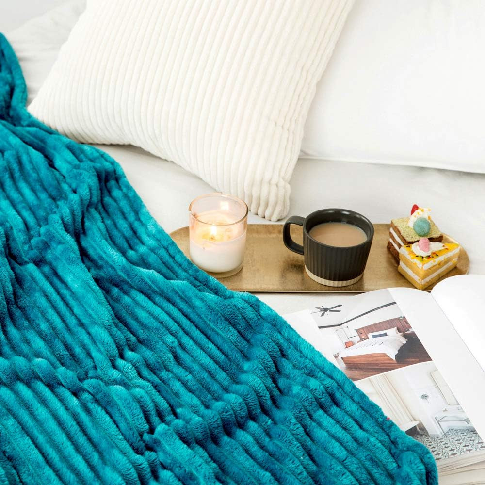 Fleece Throw Blanket for Couch 300GSM Super Soft Lightweight Plush Striped Blanket, Teal Blue Warm Cozy Breathable Ribbed Blanket for Bed/Sofa, Throw Size 50"X60", Turquoise