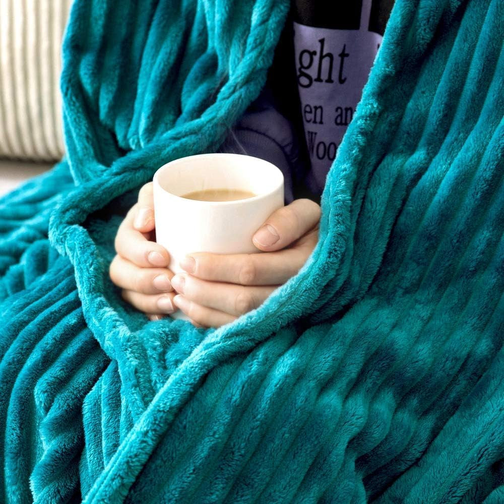Fleece Throw Blanket for Couch 300GSM Super Soft Lightweight Plush Striped Blanket, Teal Blue Warm Cozy Breathable Ribbed Blanket for Bed/Sofa, Throw Size 50"X60", Turquoise