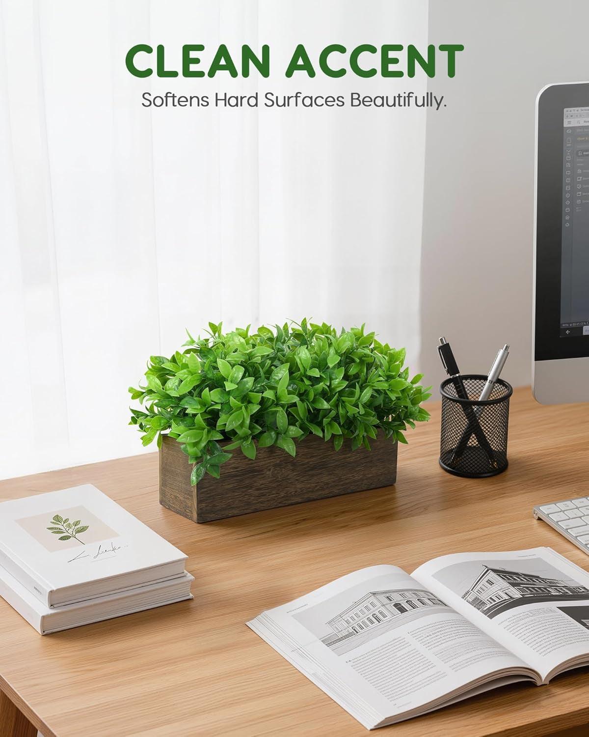 14" Artificial Boxwood Plants Indoor Centerpiece for Dining Room, Fake Plants in Rustic Rectangular Wooden Planter Box, Farmhouse Faux Plants for Mantel/Kitchen/Bathroom/Coffee Table Decor