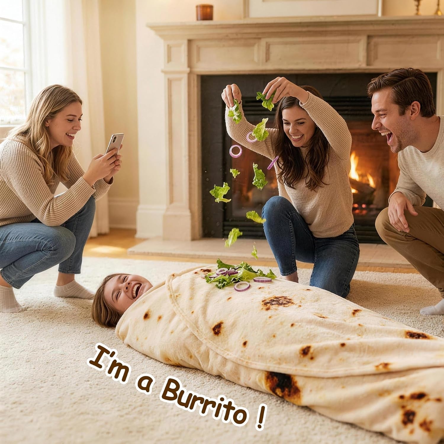 Burrito Tortilla Taco Blanket 60 Inches for Adult Kids, Realistic Tortilla Throw Blanket Funny Gifts for Women Men Teen Boy Girl, Soft Flannel Food Blanket for Christmas Birthday Gifts-Beige