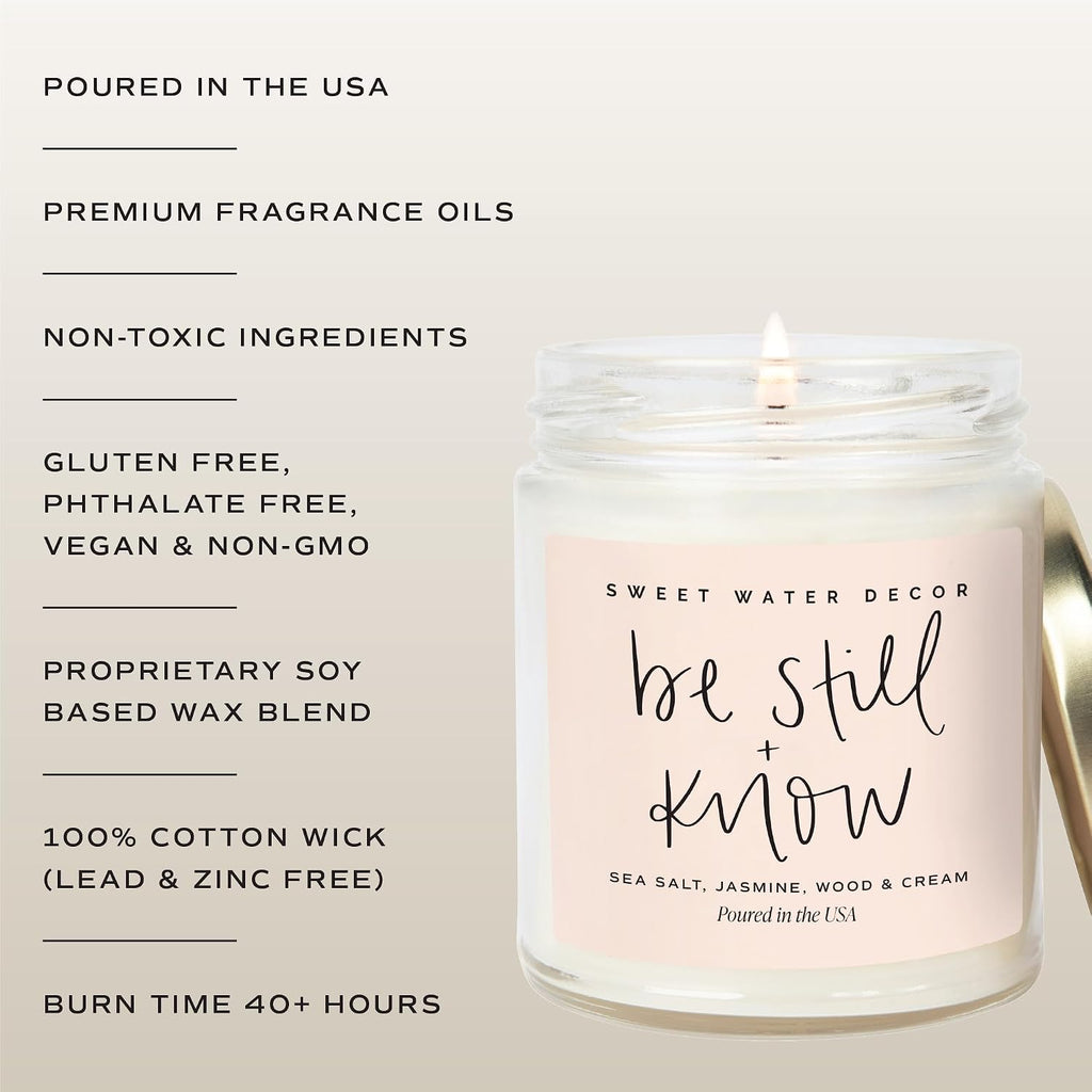 , Be Still and Know, Sea Salt, Jasmine, Cream, and Wood Scented Soy Wax Candle for Home - Christian Candle Gifts for Women - 9Oz Clear Jar, 40 Hour Burn Time, Made in the USA