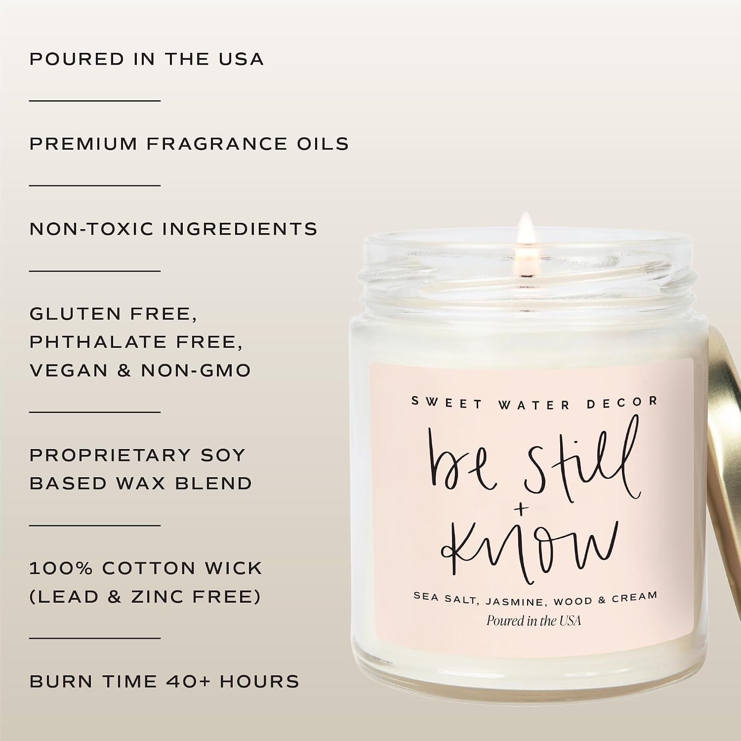 , Be Still and Know, Sea Salt, Jasmine, Cream, and Wood Scented Soy Wax Candle for Home - Christian Candle Gifts for Women - 9Oz Clear Jar, 40 Hour Burn Time, Made in the USA