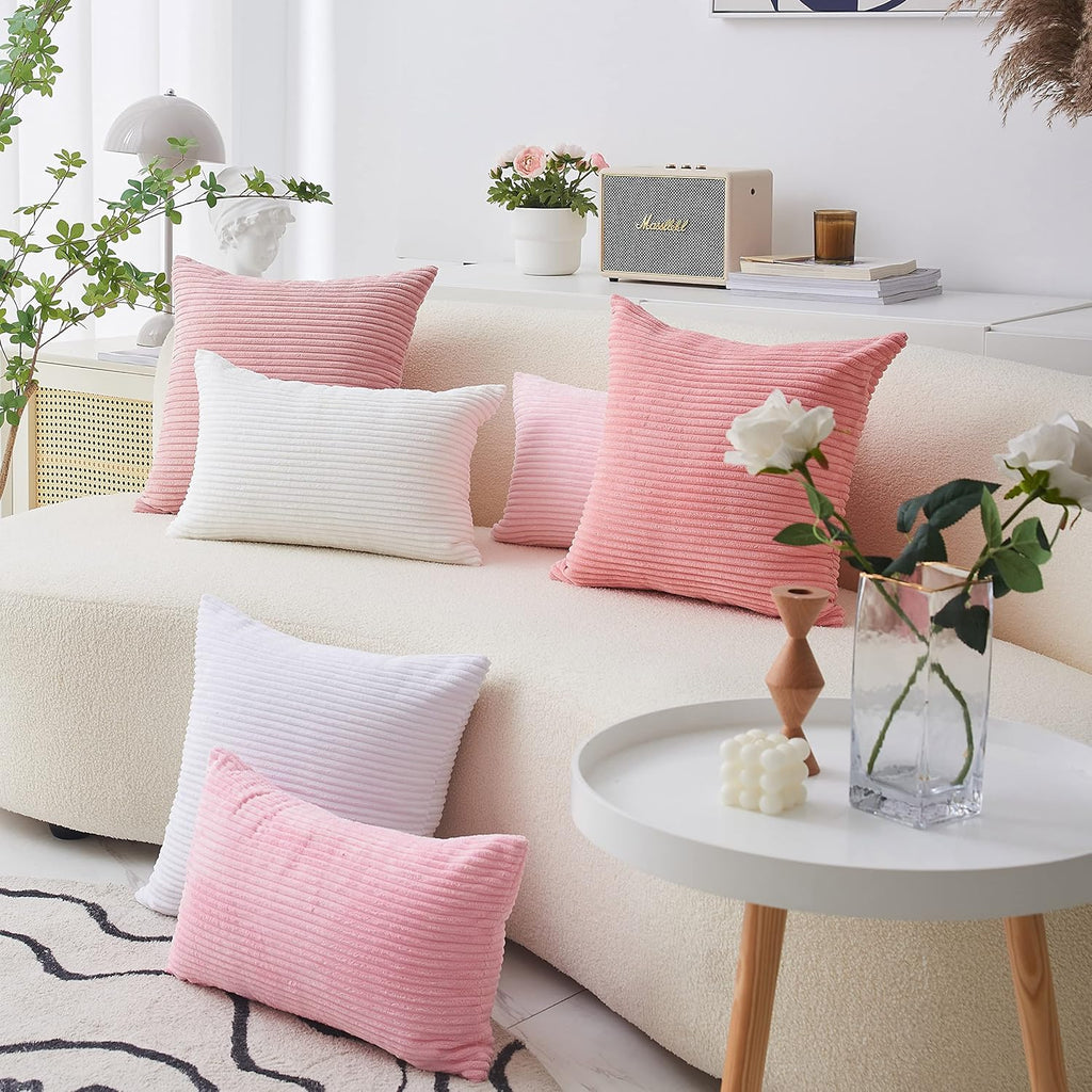 Pink Throw Pillow for Couch Pillow Cover 18X18 Striped Velvet Corduroy Pillow Cover for Holiday Party, 18 X 18 Inch, Coral