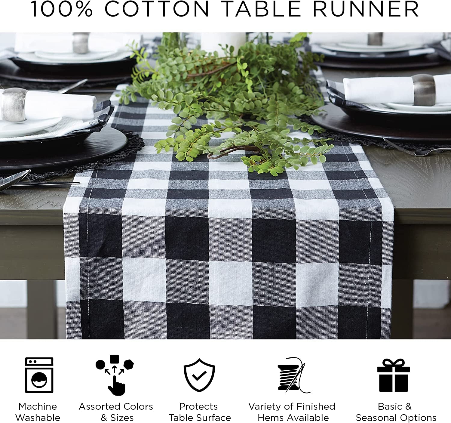 Give Thanks Plaid Fall Table Decor, Autumn & Thanksgiving Tabletop Linens, 14X72 Table Runner