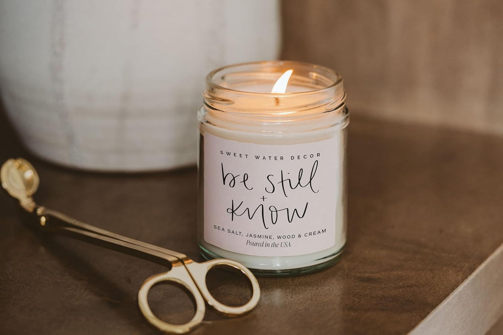 , Be Still and Know, Sea Salt, Jasmine, Cream, and Wood Scented Soy Wax Candle for Home - Christian Candle Gifts for Women - 9Oz Clear Jar, 40 Hour Burn Time, Made in the USA