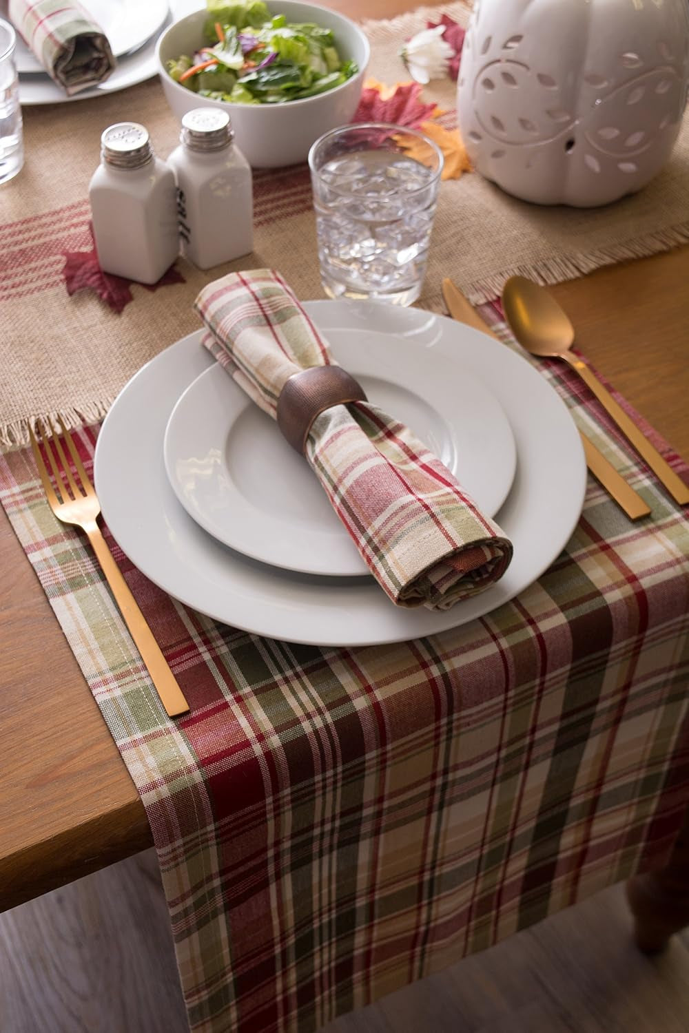 Give Thanks Plaid Fall Table Decor, Autumn & Thanksgiving Tabletop Linens, 14X72 Table Runner