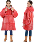 Wearable Blanket Hoodie for Kids - Warm Soft Gift, Oversized Cozy Sherpa Fleece Sweatshirt Pullover for Teens, Girls, Boys, Large Pocket, Red