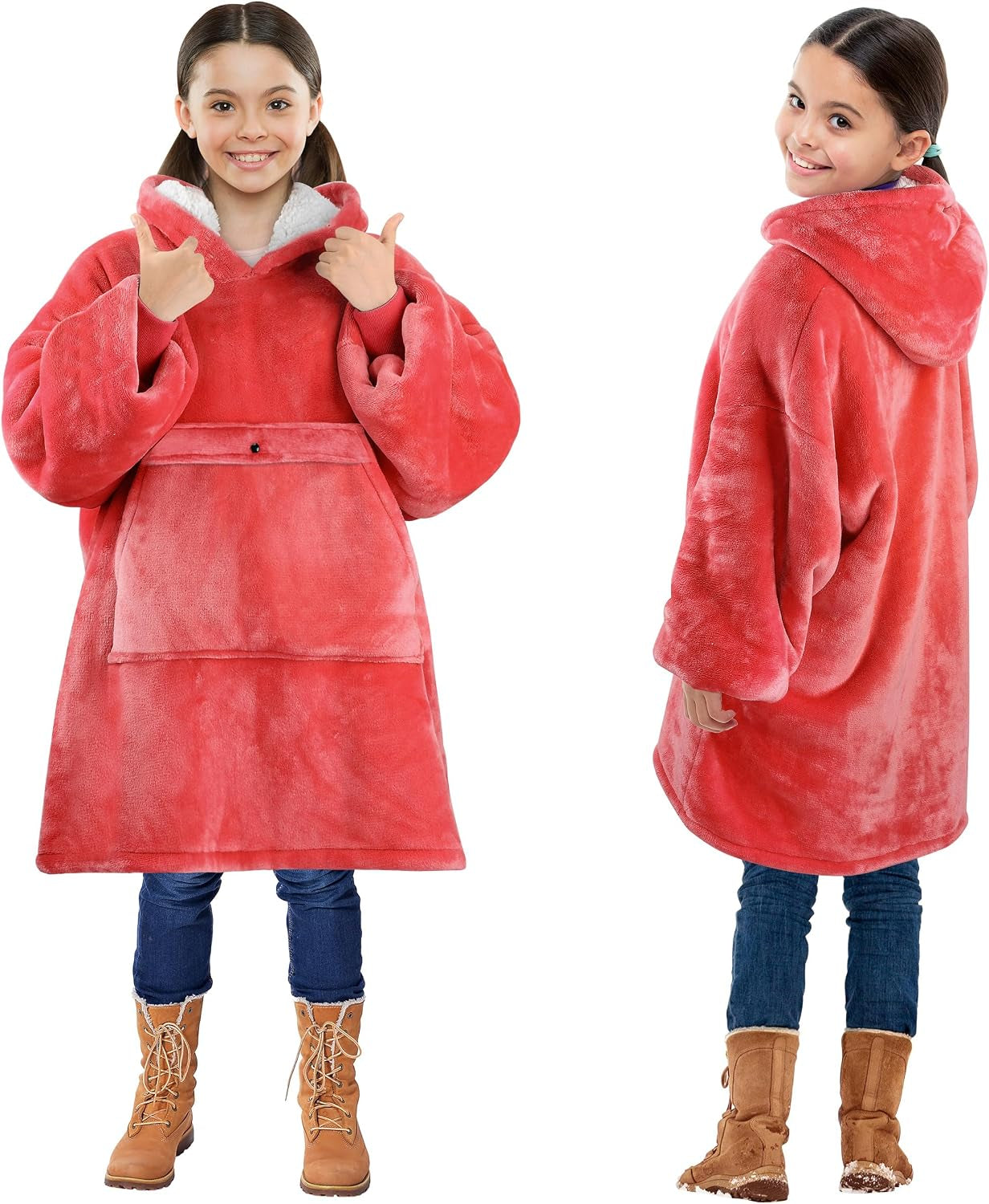 Wearable Blanket Hoodie for Kids - Warm Soft Gift, Oversized Cozy Sherpa Fleece Sweatshirt Pullover for Teens, Girls, Boys, Large Pocket, Red