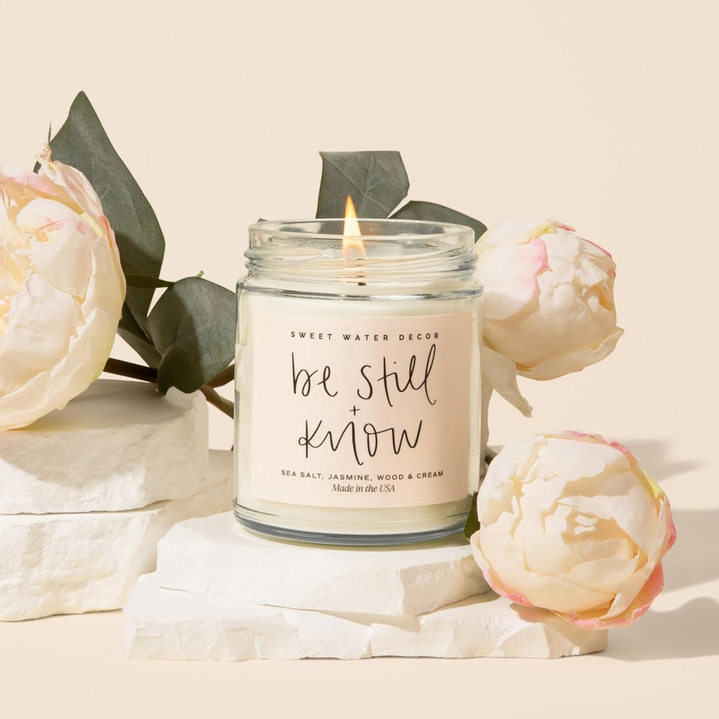 , Be Still and Know, Sea Salt, Jasmine, Cream, and Wood Scented Soy Wax Candle for Home - Christian Candle Gifts for Women - 9Oz Clear Jar, 40 Hour Burn Time, Made in the USA