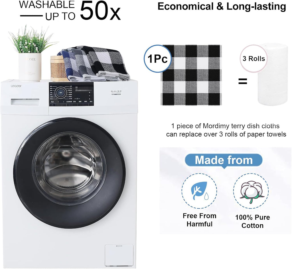Cotton Waffle Weave Dish Cloths, 12"X 12", 6 Pack, Black & White