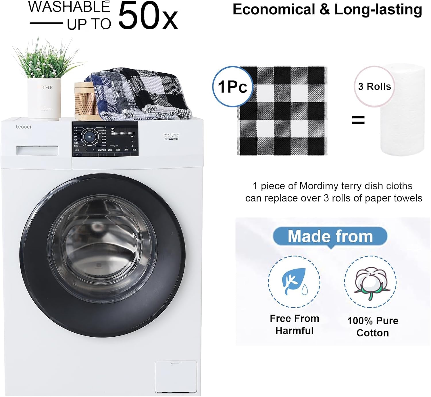 Cotton Waffle Weave Dish Cloths, 12"X 12", 6 Pack, Black & White