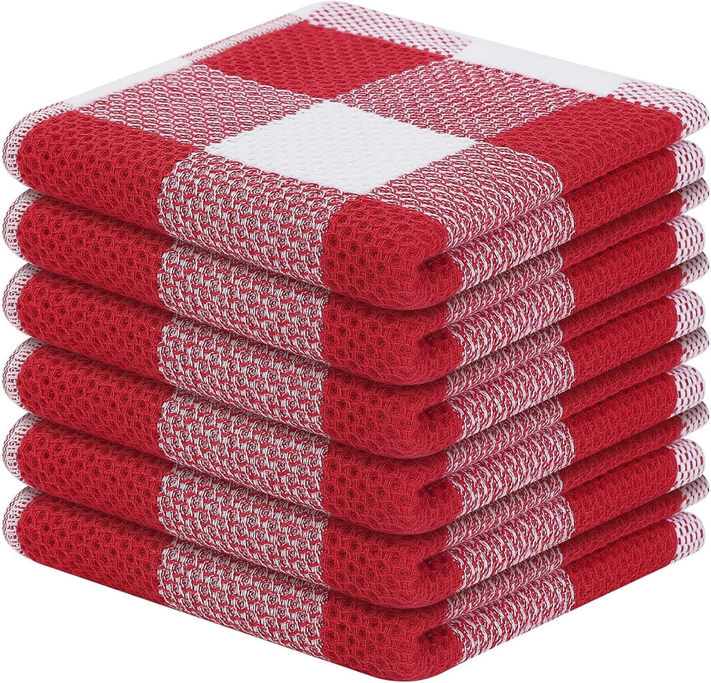 Cotton Waffle Weave Dish Cloths, 12"X 12", 6 Pack, Red & White