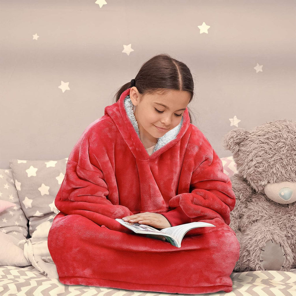Wearable Blanket Hoodie for Kids - Warm Soft Gift, Oversized Cozy Sherpa Fleece Sweatshirt Pullover for Teens, Girls, Boys, Large Pocket, Red