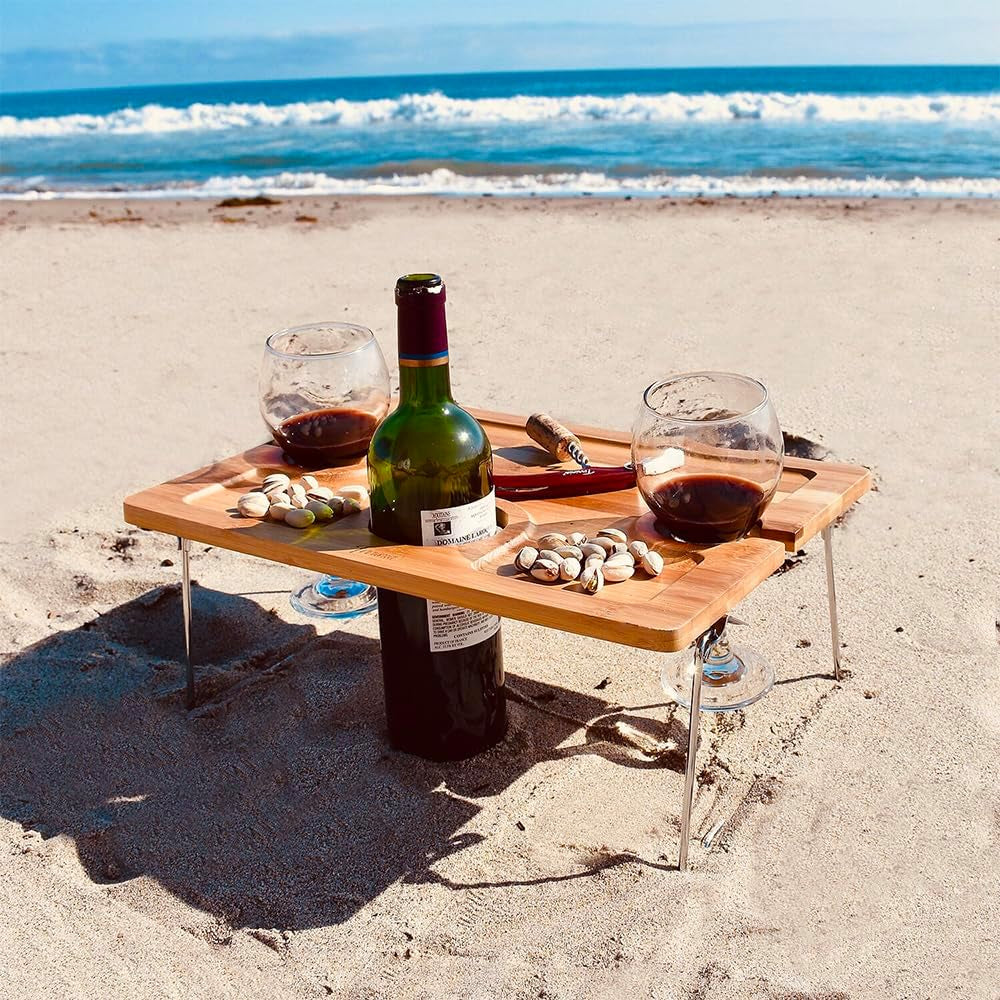 Wooden Portable Picnic Table with Wine Holder