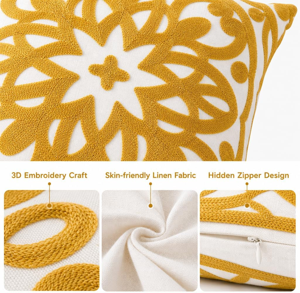 Boho Embroidered Throw Pillow Cover 18"X18", 2Pcs Mustard Yellow