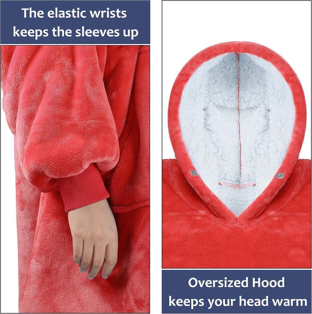 Wearable Blanket Hoodie for Kids - Warm Soft Gift, Oversized Cozy Sherpa Fleece Sweatshirt Pullover for Teens, Girls, Boys, Large Pocket, Red