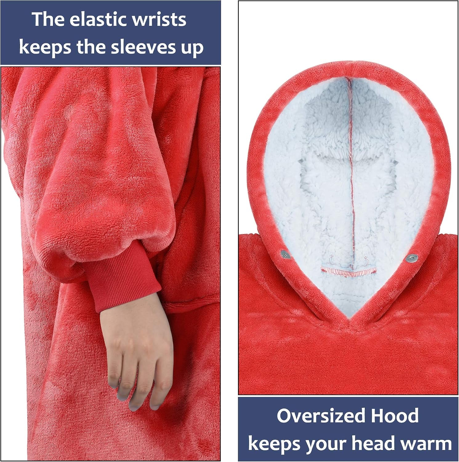 Wearable Blanket Hoodie for Kids - Warm Soft Gift, Oversized Cozy Sherpa Fleece Sweatshirt Pullover for Teens, Girls, Boys, Large Pocket, Red