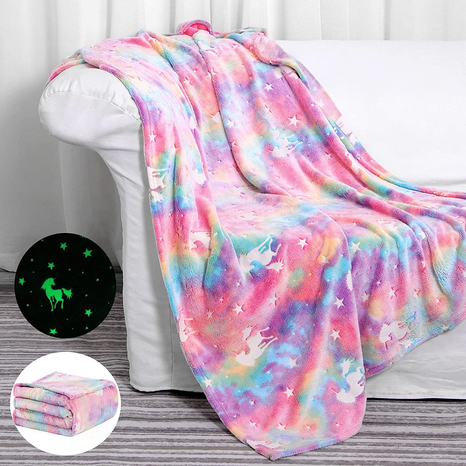 Glow in the Dark Blanket Unicorns Gifts for Girls, Toys for Girls Age 2 3 4 5 6 7 8 9 10 Year Old, Soft Kids Blankets Gifts for Grandkids Teens for Easter Birthday Christmas, 50"X60"