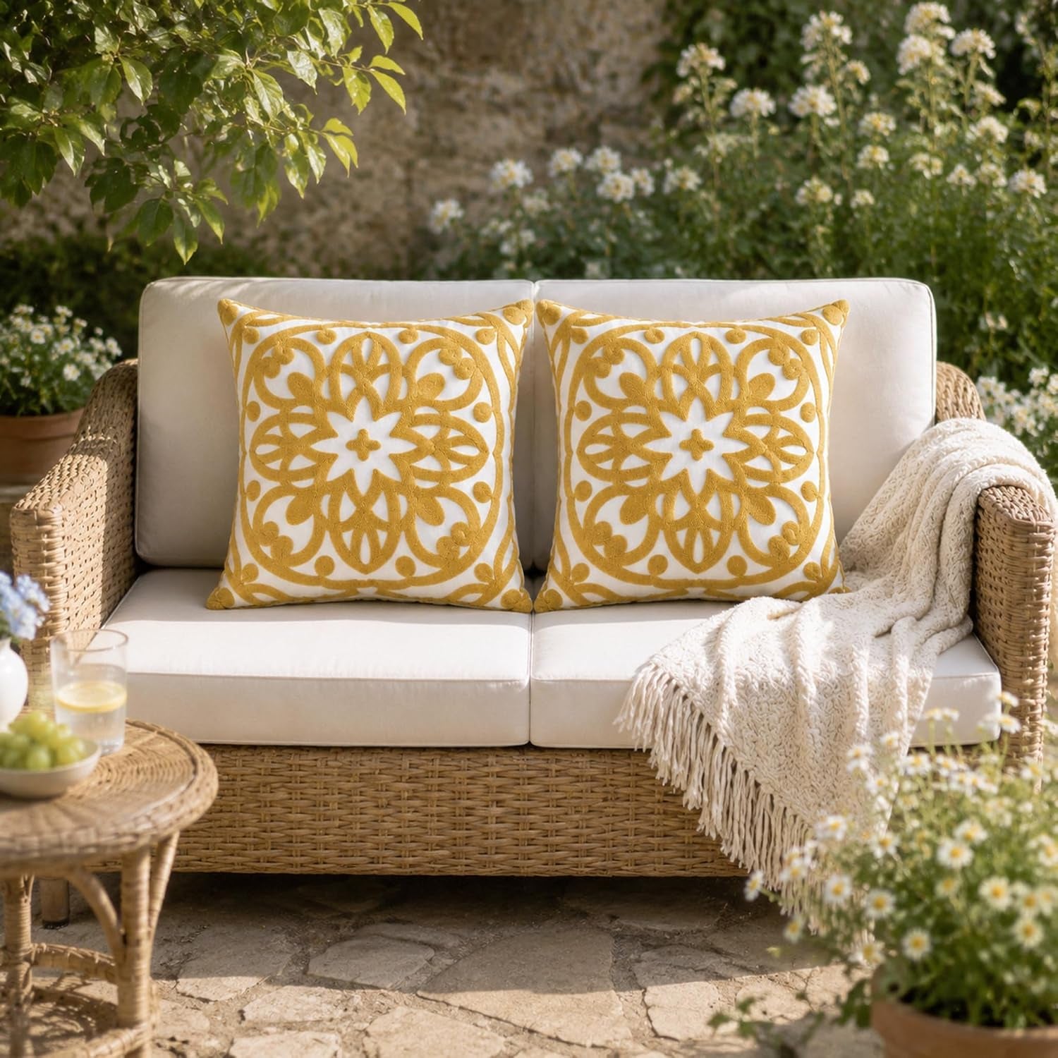 Boho Embroidered Throw Pillow Cover 18"X18", 2Pcs Mustard Yellow