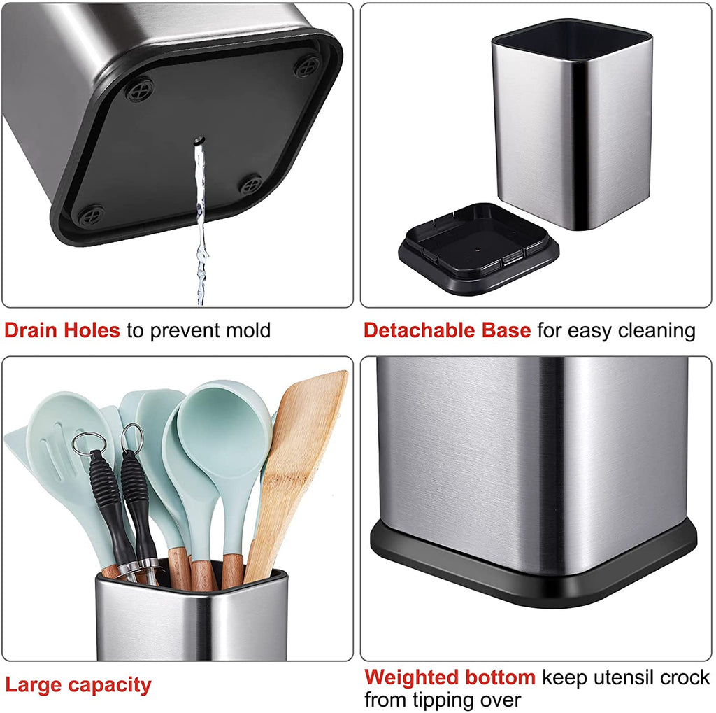 Stainless Steel Kitchen Utensil Holder for Countertop, Spoon Spatula Organizer,Modern Rectangular Large Cooking Utensil Caddy Counter,Utensil Crock Silver