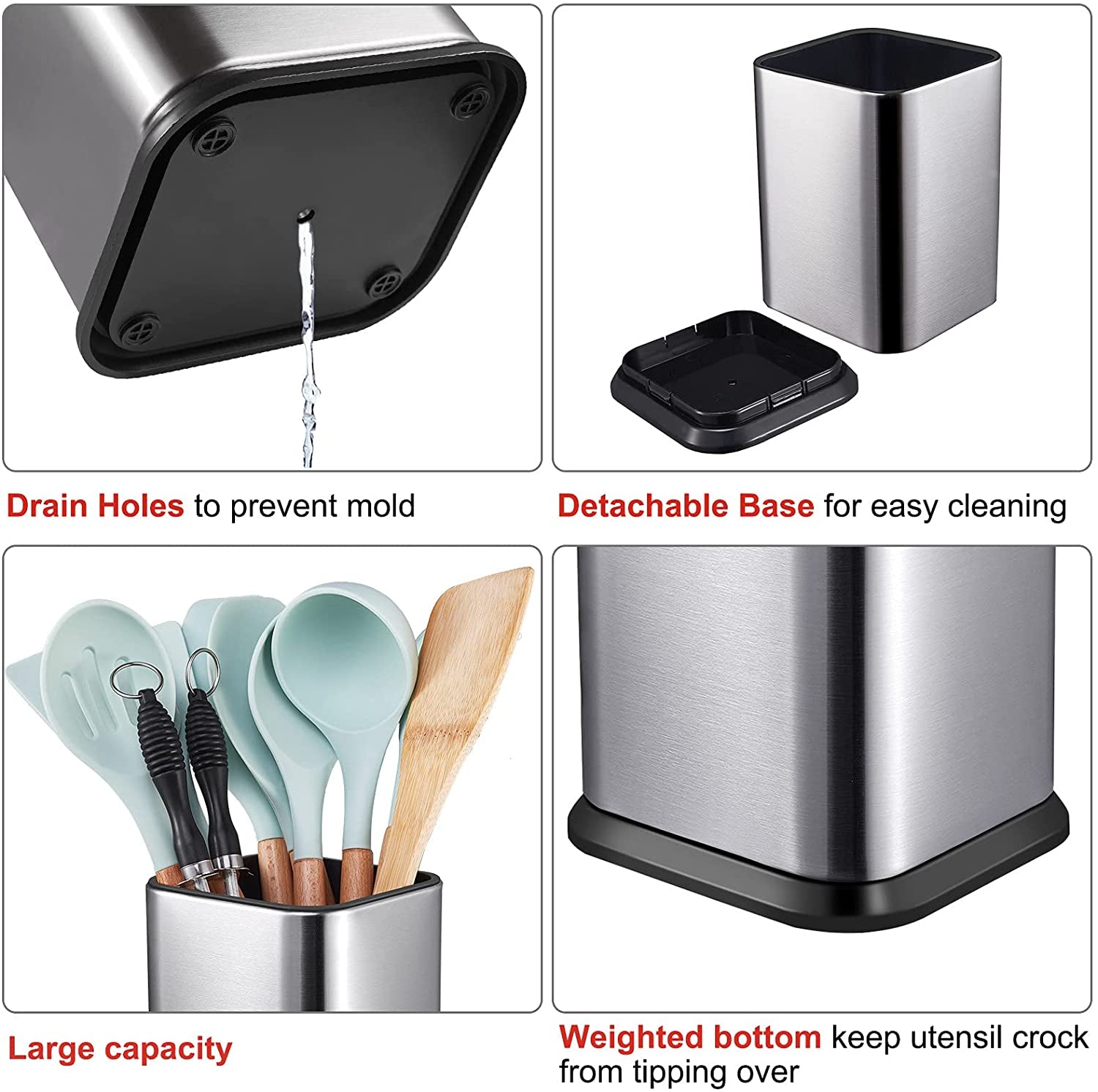 Stainless Steel Kitchen Utensil Holder for Countertop, Spoon Spatula Organizer,Modern Rectangular Large Cooking Utensil Caddy Counter,Utensil Crock Silver
