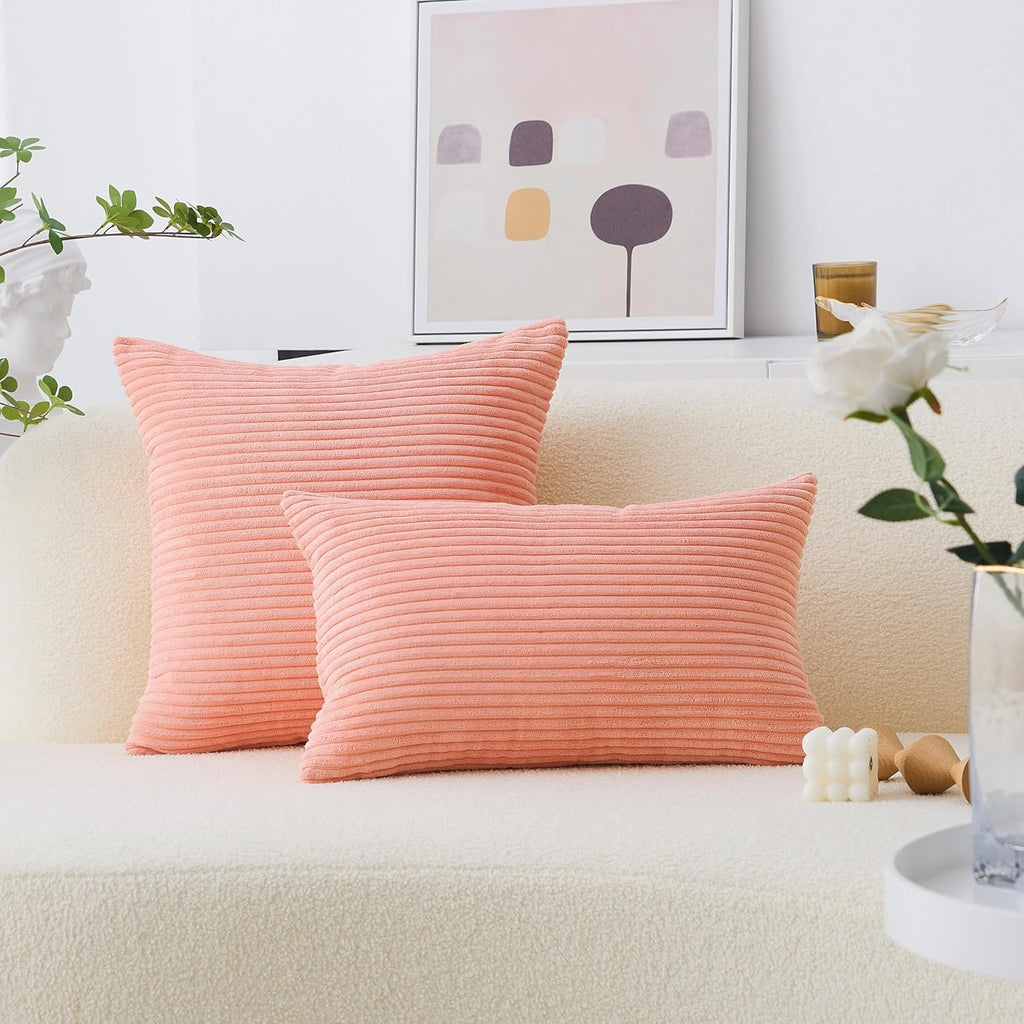 Pink Throw Pillow for Couch Pillow Cover 18X18 Striped Velvet Corduroy Pillow Cover for Holiday Party, 18 X 18 Inch, Coral