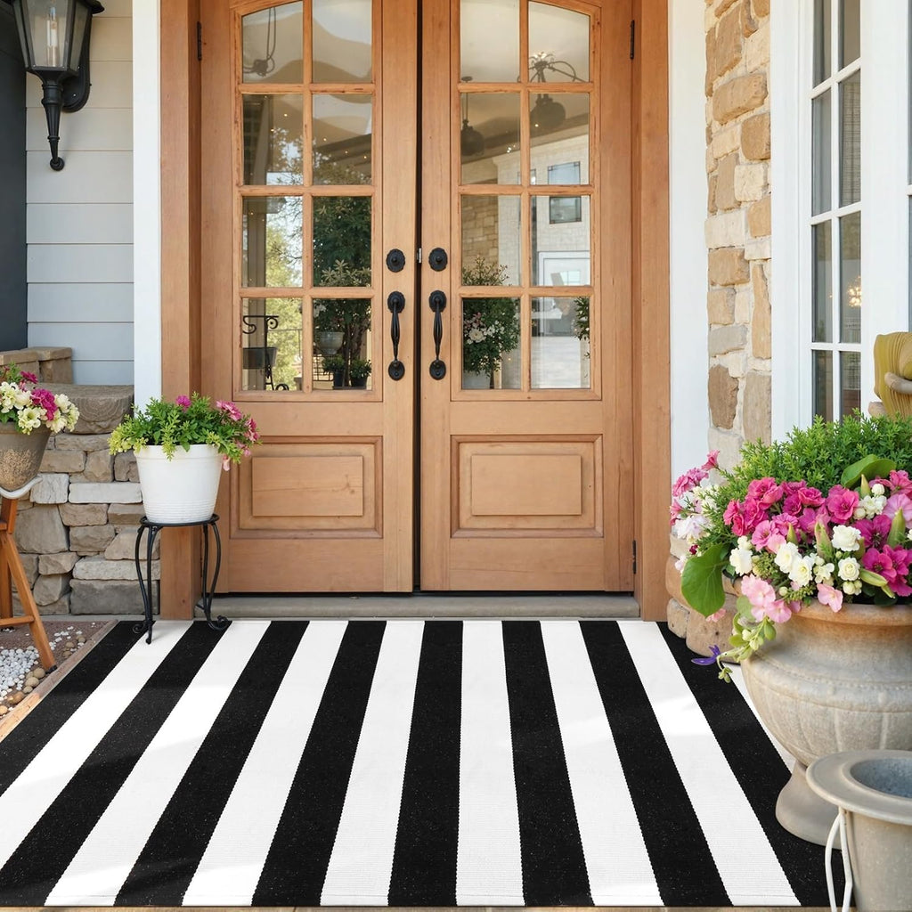 KIMODE Black and White Buffalo Plaid Outdoor Rug Fall Patio Floor Carpet